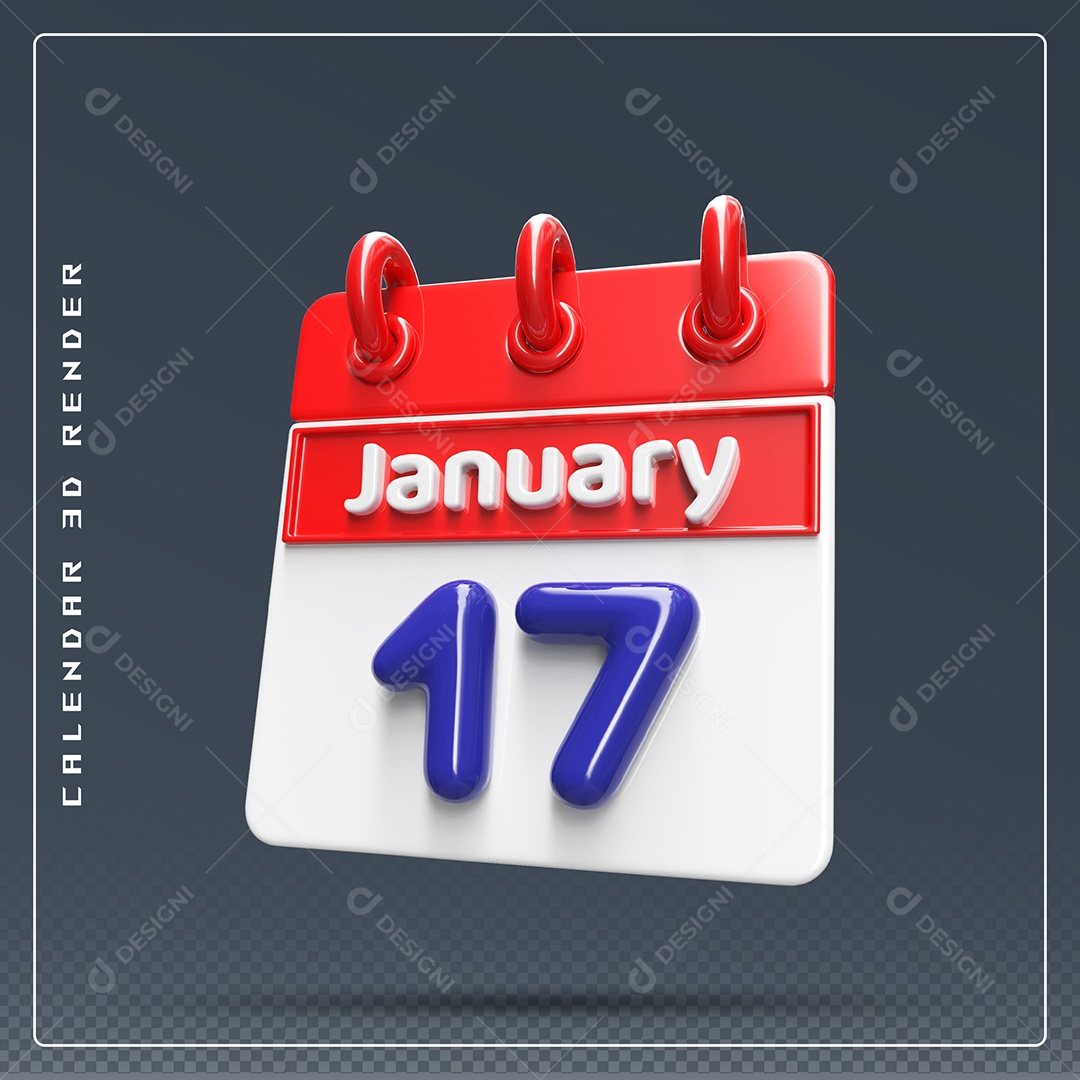 Calendário Do mês De Janeiro Dia 17 Elemento 3D Azul Vermelho E Branco Para Composição PSD