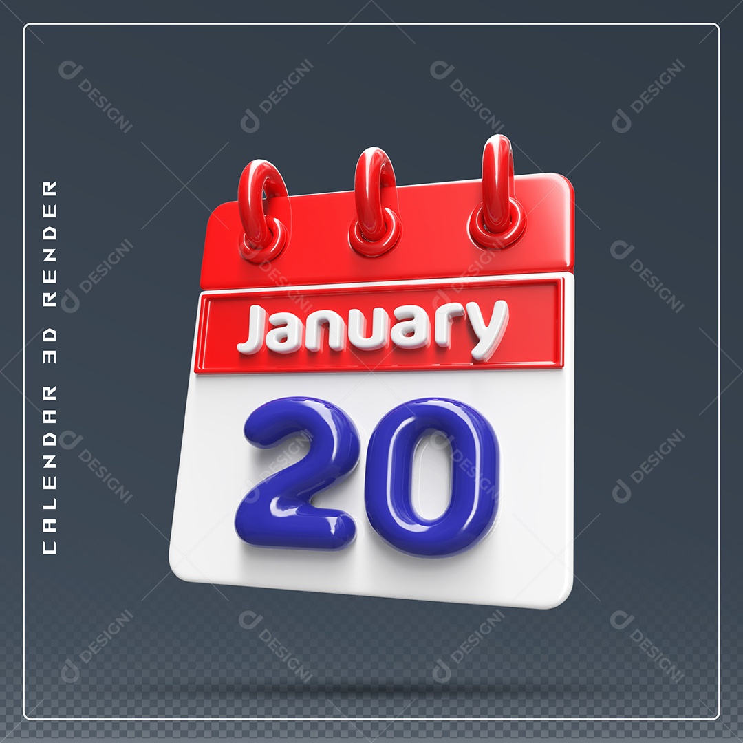 Calendário Do mês De Janeiro Dia 20 Elemento 3D Azul Vermelho E Branco Para Composição PSD