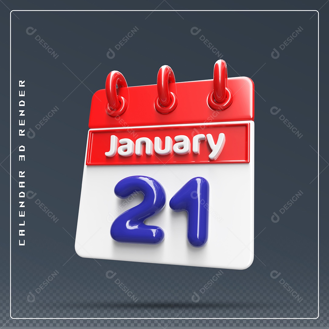 Calendário Do mês De Janeiro Dia 21 Elemento 3D Azul Vermelho E Branco Para Composição PSD