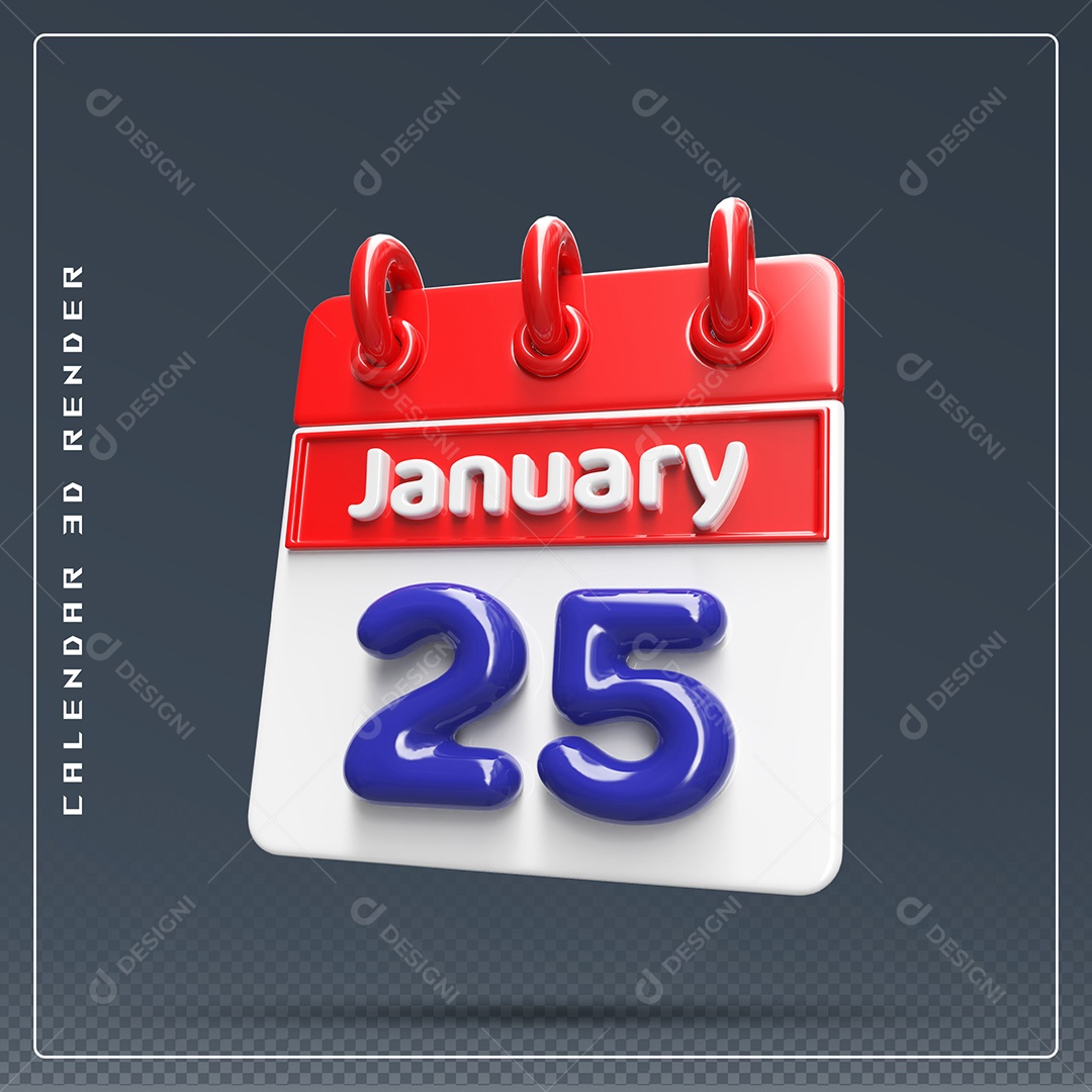 2Calendário Do mês De Janeiro Dia 25 Elemento 3D Azul Vermelho E Branco Para Composição PSD