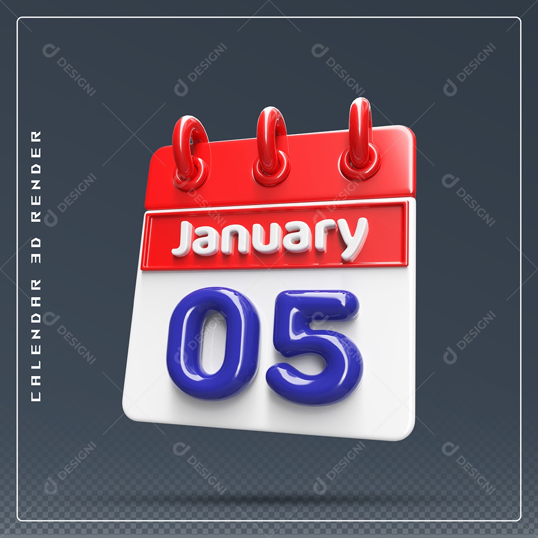 Calendário Do mês De Janeiro Dia 05 Elemento 3D Azul Vermelho E Branco Para Composição PSD