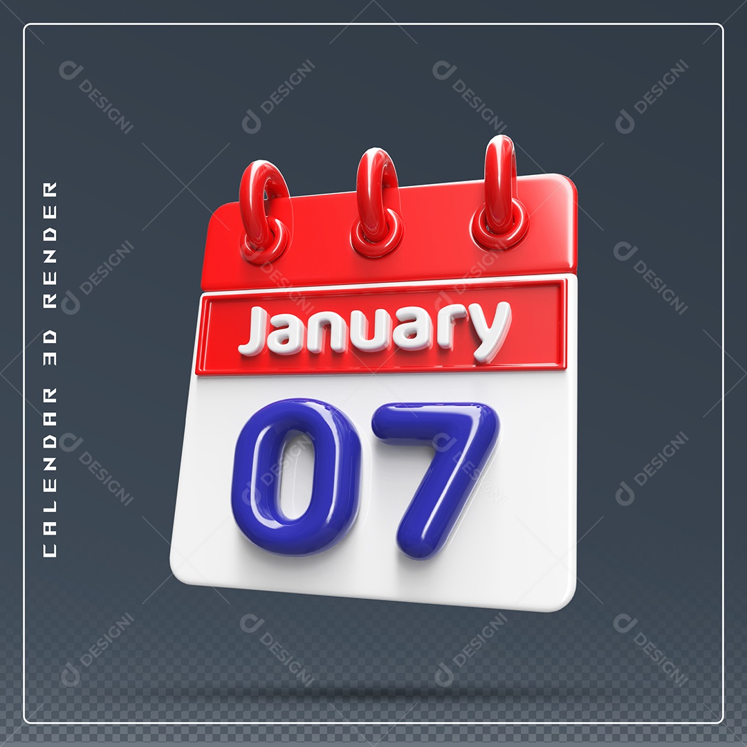 Calendário Do mês De Janeiro Dia 07 Elemento 3D Azul Vermelho E Branco Para Composição PSD