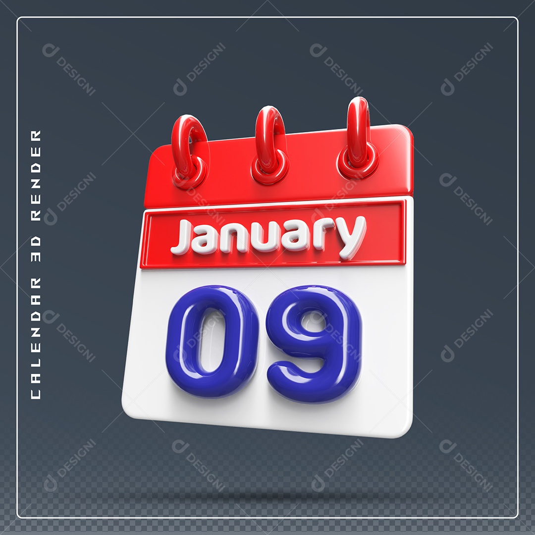 Calendário Do mês De Janeiro Dia 09 Elemento 3D Azul Vermelho E Branco Para Composição PSD