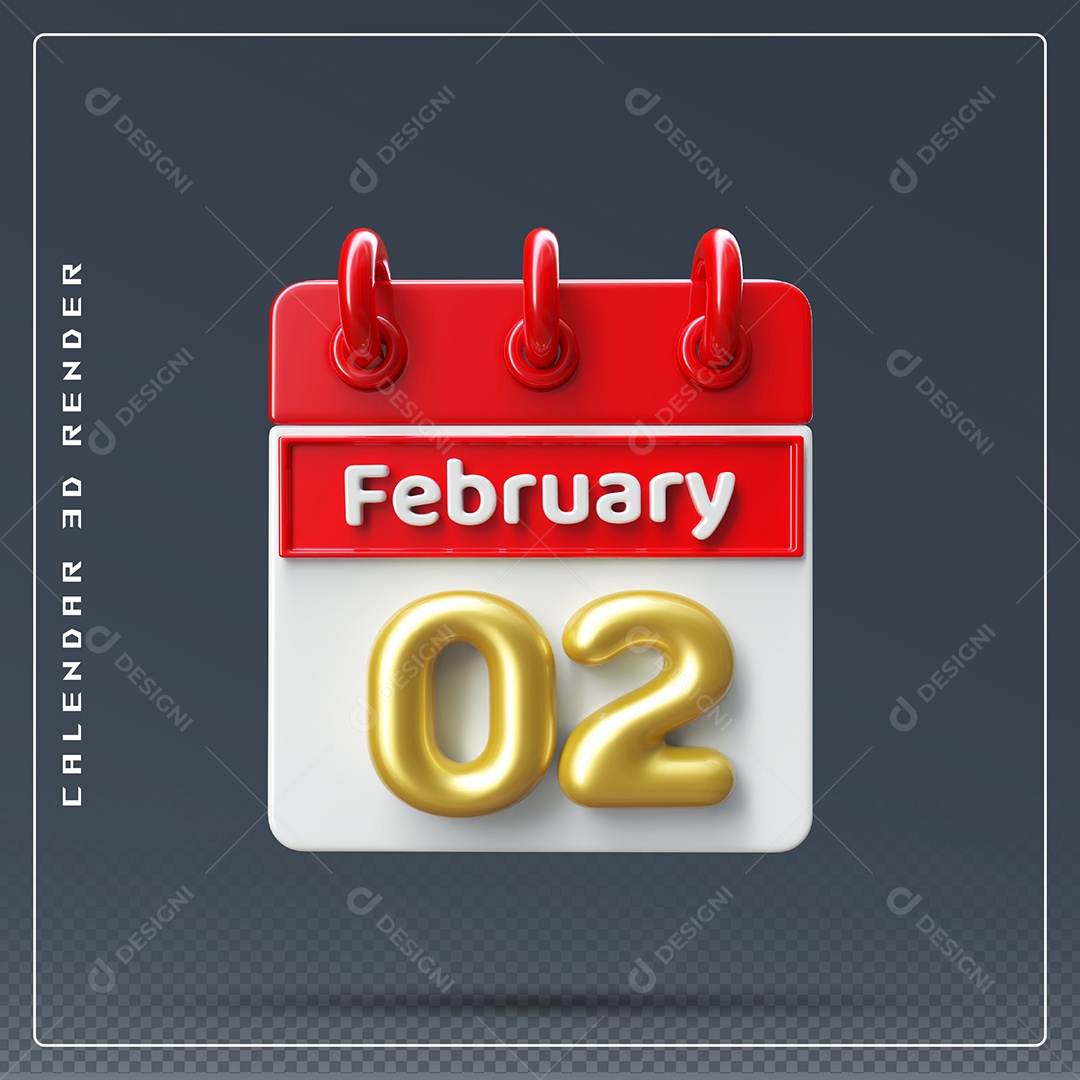 Calendário Do mês De Fevereiro Dia 02 Elemento 3D Azul Vermelho E Branco Para Composição PSD