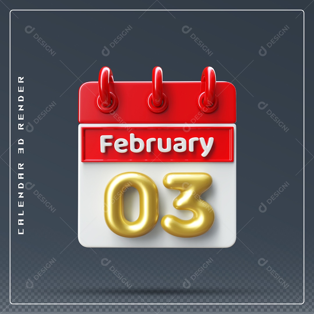 Calendário Do mês De Fevereiro Dia 03 Elemento 3D Azul Vermelho E Branco Para Composição PSD