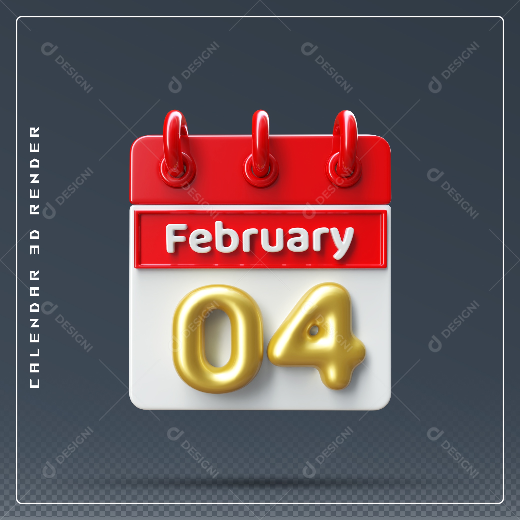 Calendário Do mês De Fevereiro Dia 04 Elemento 3D Azul Vermelho E Branco Para Composição PSD