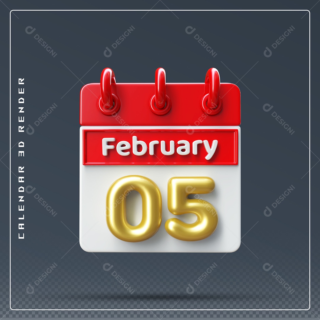 Calendário Do mês De Fevereiro Dia 05 Elemento 3D Azul Vermelho E Branco Para Composição PSD