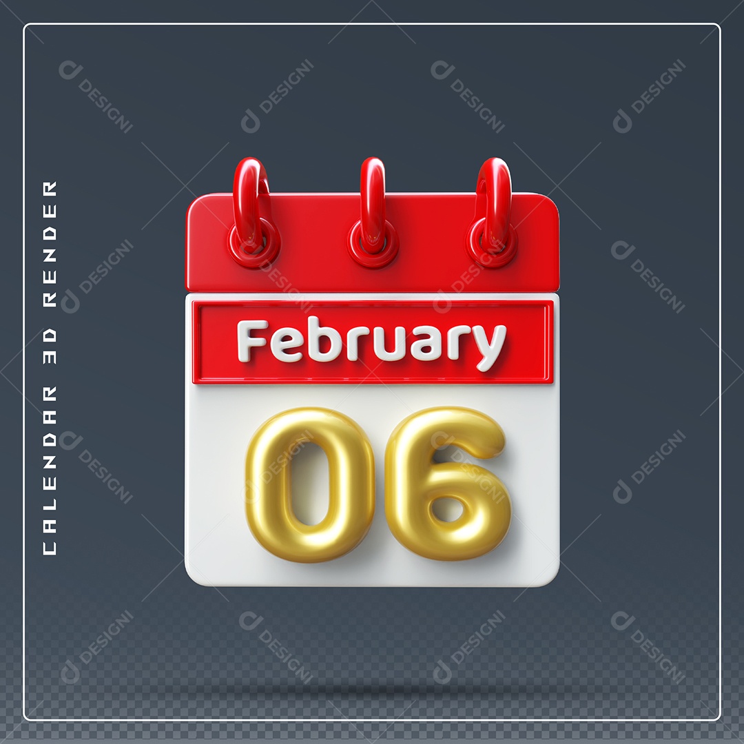 Calendário Do mês De Fevereiro Dia 06 Elemento 3D Azul Vermelho E Branco Para Composição PSD