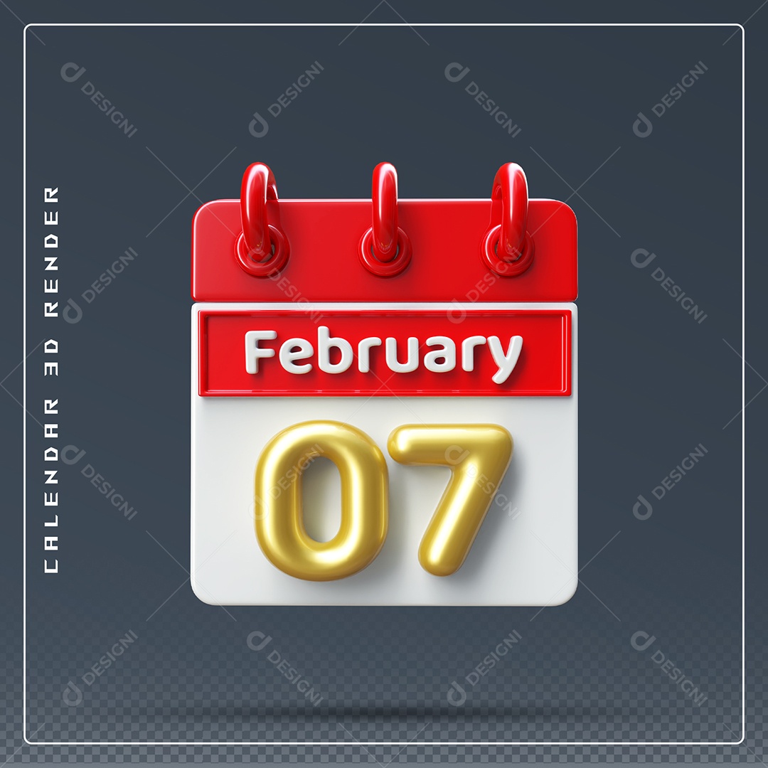 Calendário Do mês De Fevereiro Dia 07 Elemento 3D Azul Vermelho E Branco Para Composição PSD