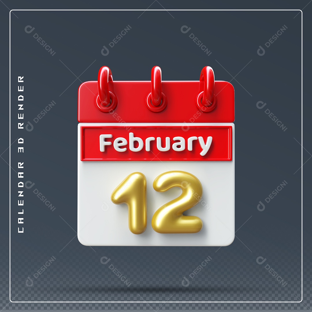 Calendário Do mês De Fevereiro Dia 12 Elemento 3D Azul Vermelho E Branco Para Composição PSD
