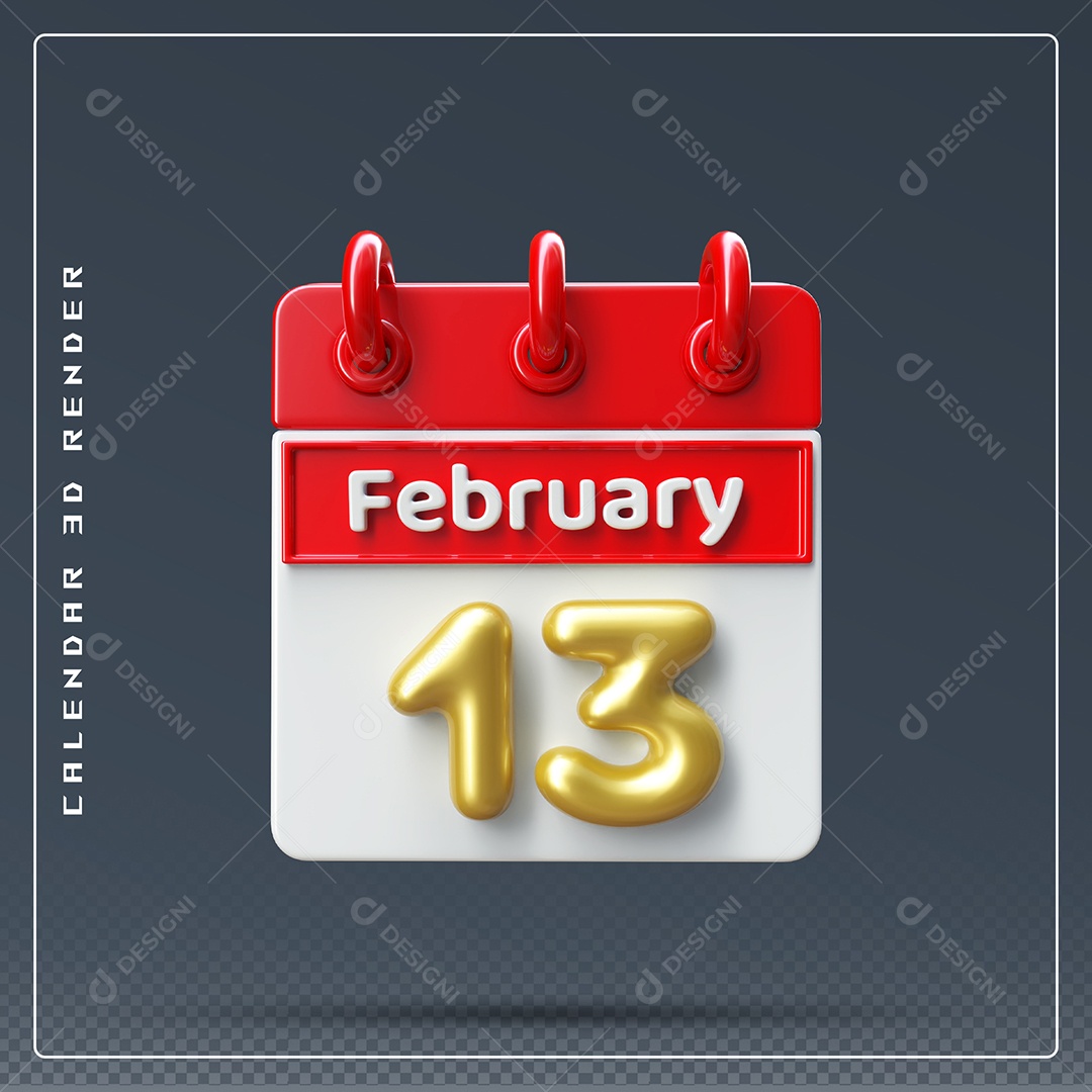 Calendário Do mês De Fevereiro Dia 13 Elemento 3D Azul Vermelho E Branco Para Composição PSD