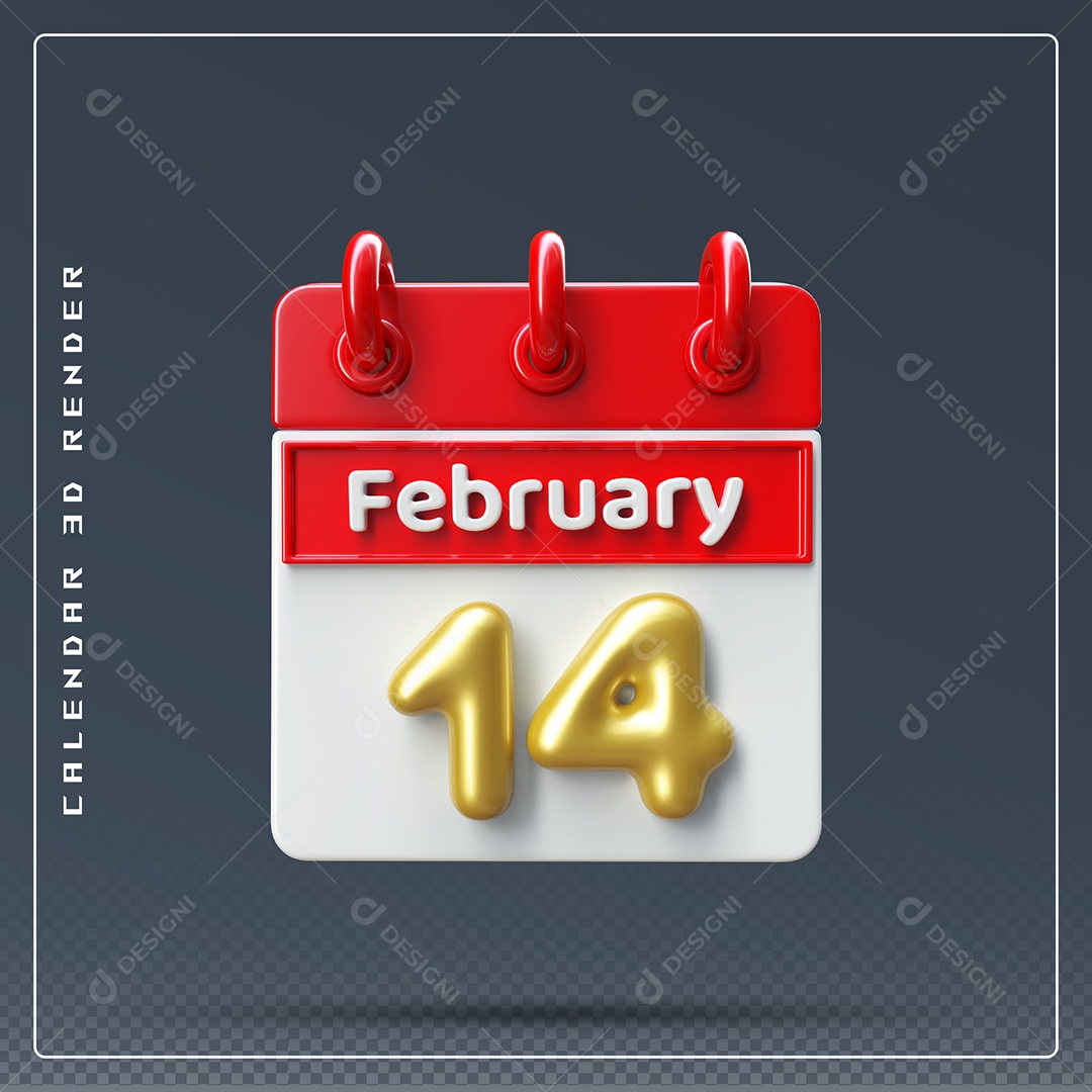 Calendário Do mês De Fevereiro Dia 14 Elemento 3D Azul Vermelho E Branco Para Composição PSD