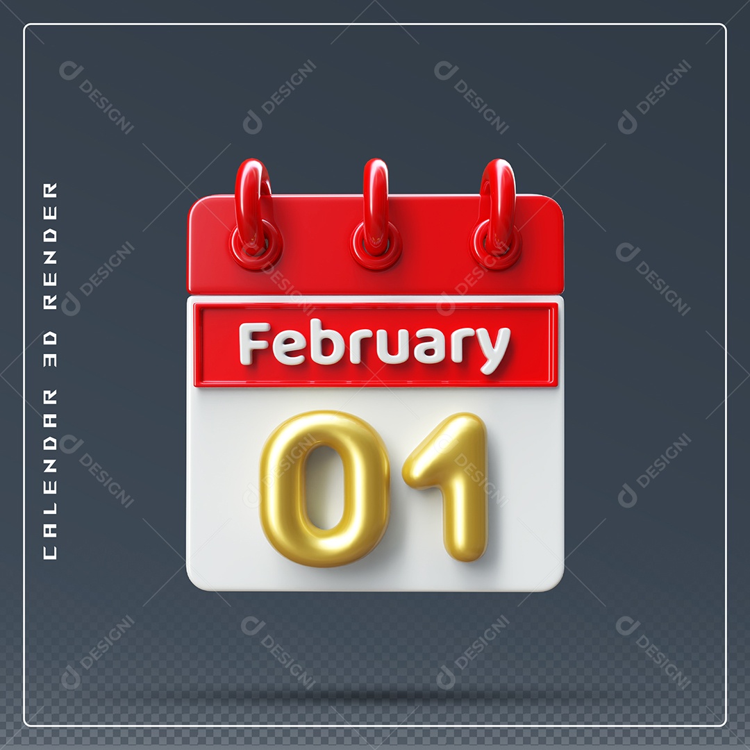 Calendário Do mês De Fevereiro Dia 01 Elemento 3D Azul Vermelho E Branco Para Composição PSD