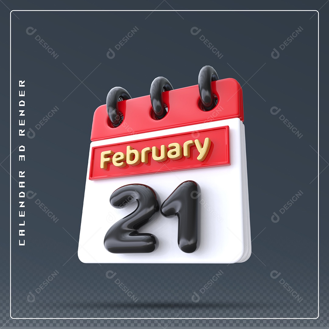 Calendário Do mês De Fevereiro Dia 21 Elemento 3D Azul Vermelho Branco E Preto Para Composição PSD