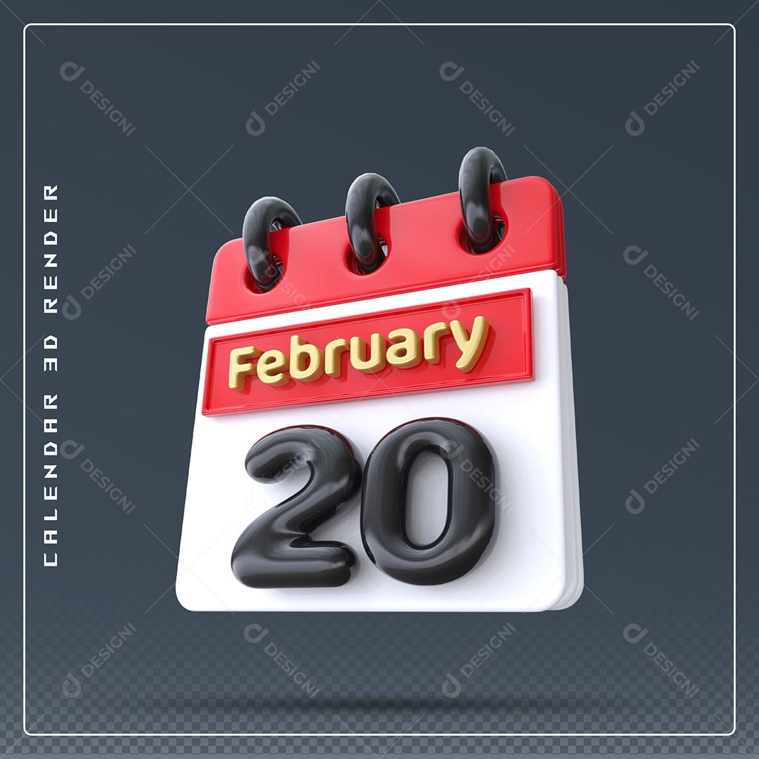 Calendário Do mês De Fevereiro Dia 20 Elemento 3D Azul Vermelho Branco E Preto Para Composição PSD