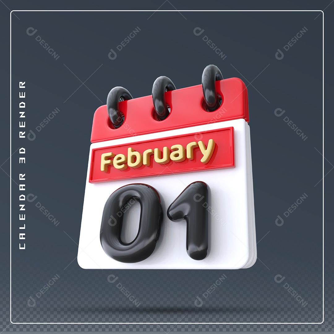 Calendário Do mês De Fevereiro Dia 01 Elemento 3D Azul Vermelho Branco E Preto Para Composição PSD