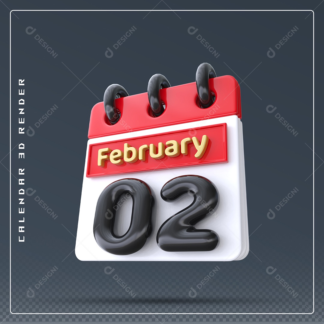 Calendário Do mês De Fevereiro Dia 02 Elemento 3D Azul Vermelho Branco E Preto Para Composição PSD