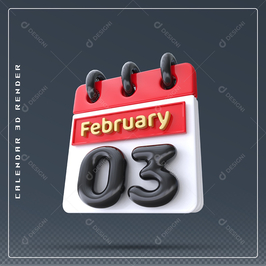 Calendário Do mês De Fevereiro Dia 03 Elemento 3D Azul Vermelho Branco E Preto Para Composição PSD