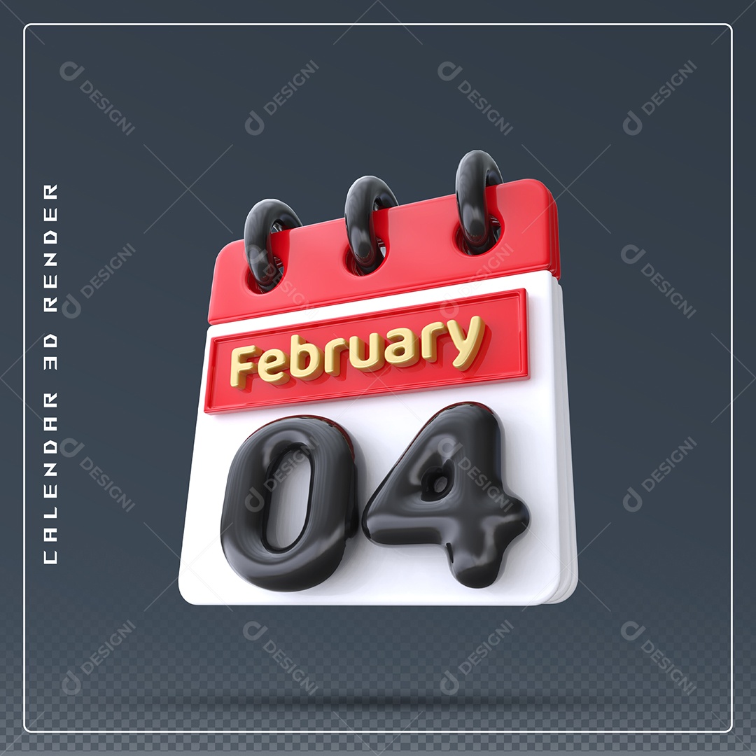 Calendário Do mês De Fevereiro Dia 04 Elemento 3D Azul Vermelho Branco E Preto Para Composição PSD
