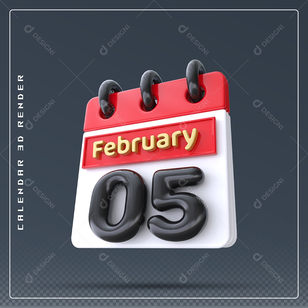 Calendário Do mês De Fevereiro Dia 05 Elemento 3D Azul Vermelho Branco E Preto Para Composição PSD