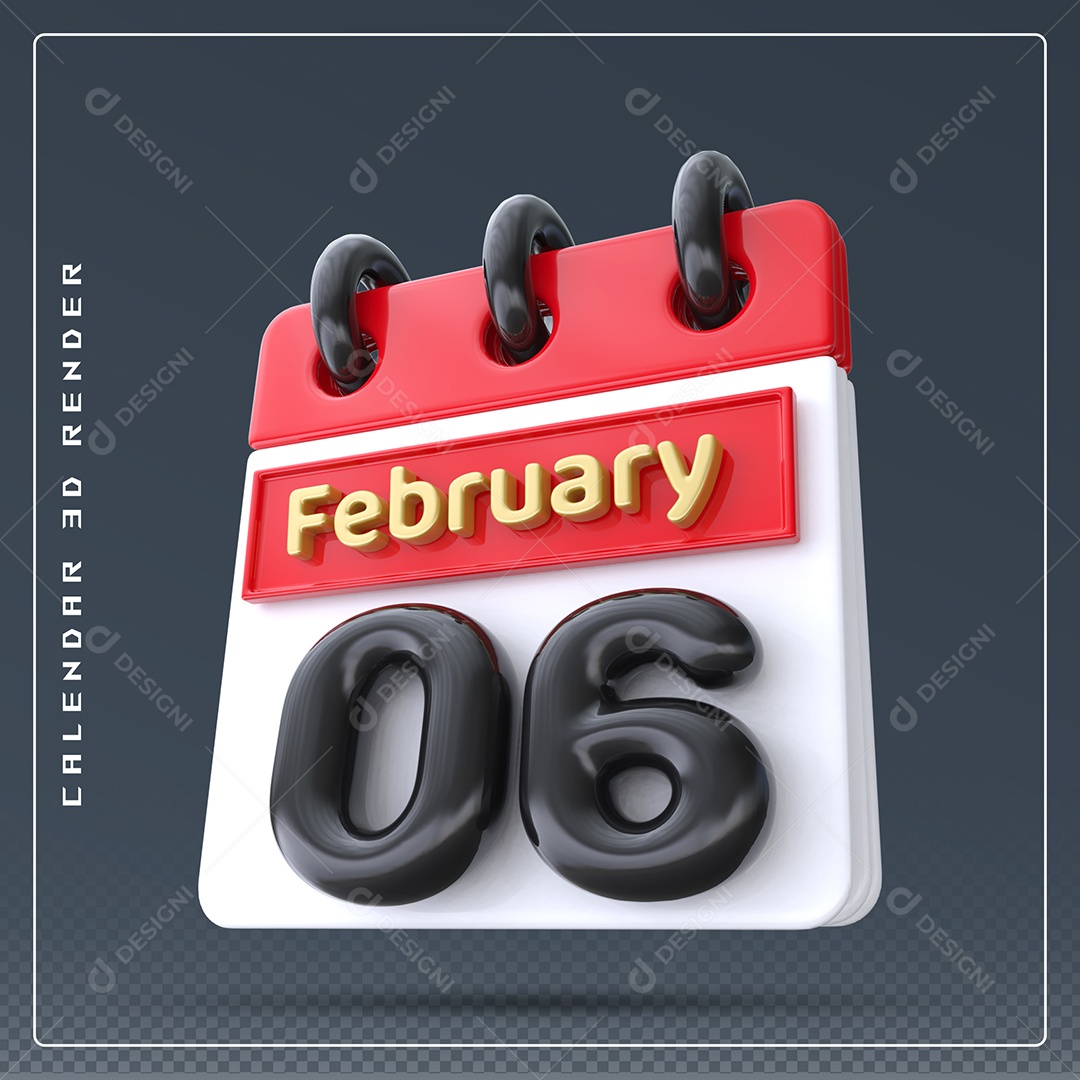 Calendário Do mês De Fevereiro Dia 06 Elemento 3D Azul Vermelho Branco E Preto Para Composição PSD