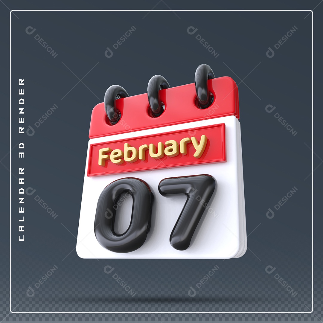 Calendário Do mês De Fevereiro Dia 07 Elemento 3D Azul Vermelho Branco E Preto Para Composição PSD