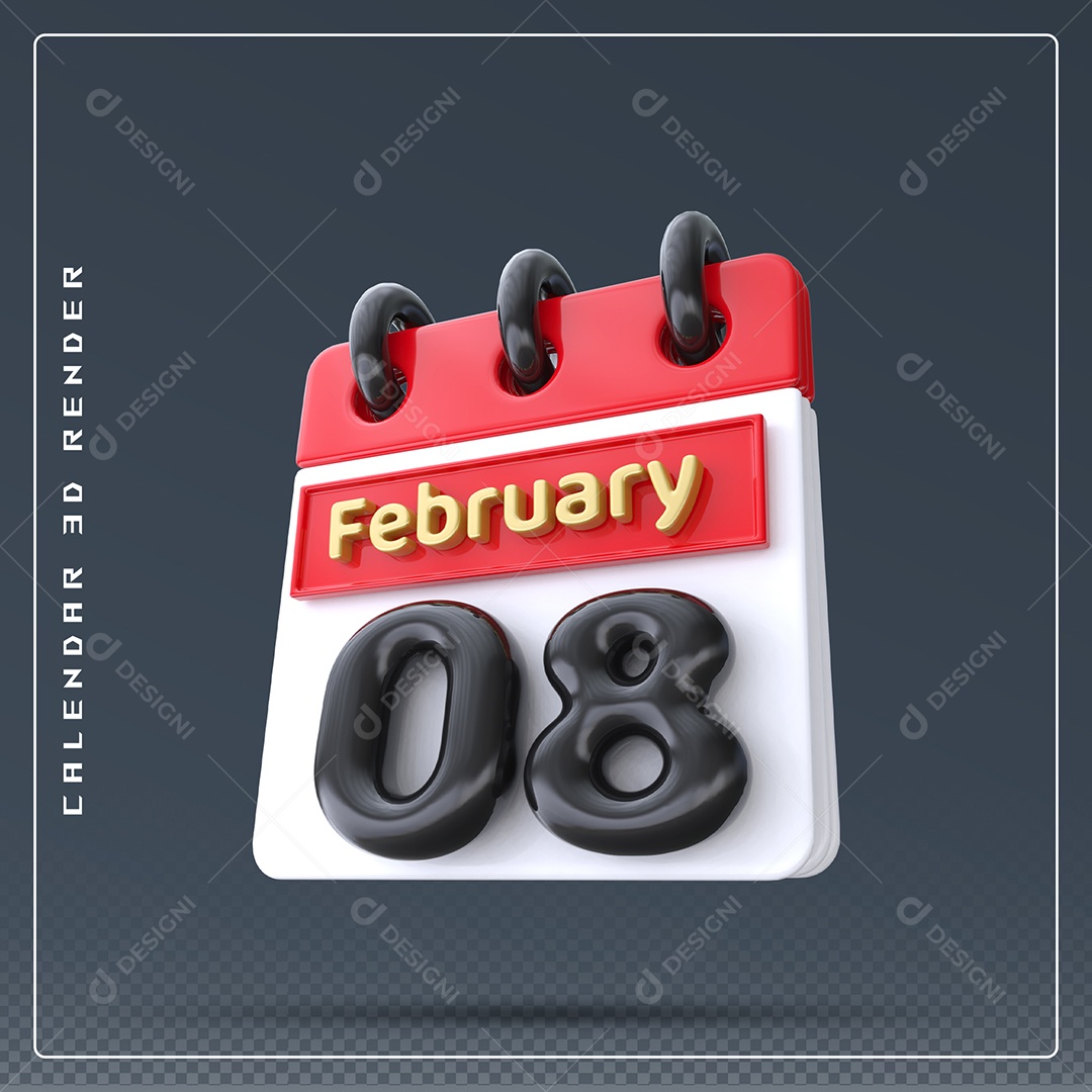 Calendário Do mês De Fevereiro Dia 08 Elemento 3D Azul Vermelho Branco E Preto Para Composição PSD