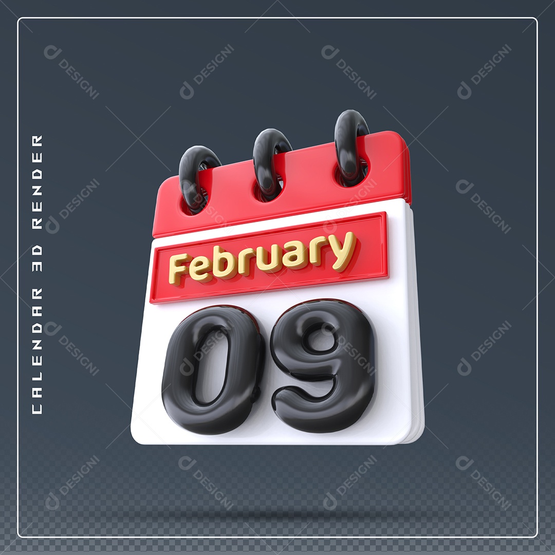 Calendário Do mês De Fevereiro Dia 09 Elemento 3D Azul Vermelho Branco E Preto Para Composição PSD