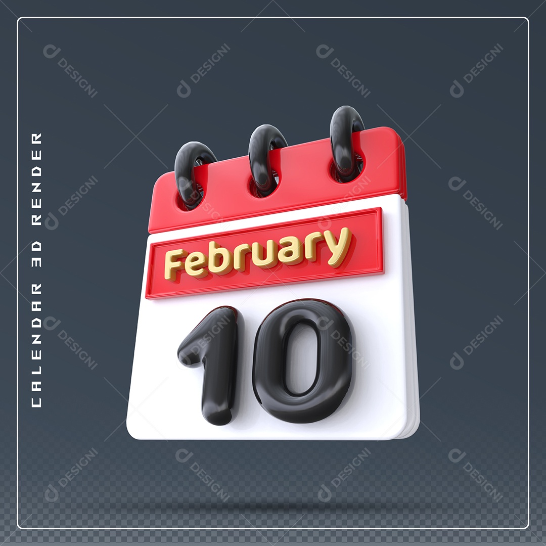 Calendário Do mês De Fevereiro Dia 10 Elemento 3D Azul Vermelho Branco E Preto Para Composição PSD