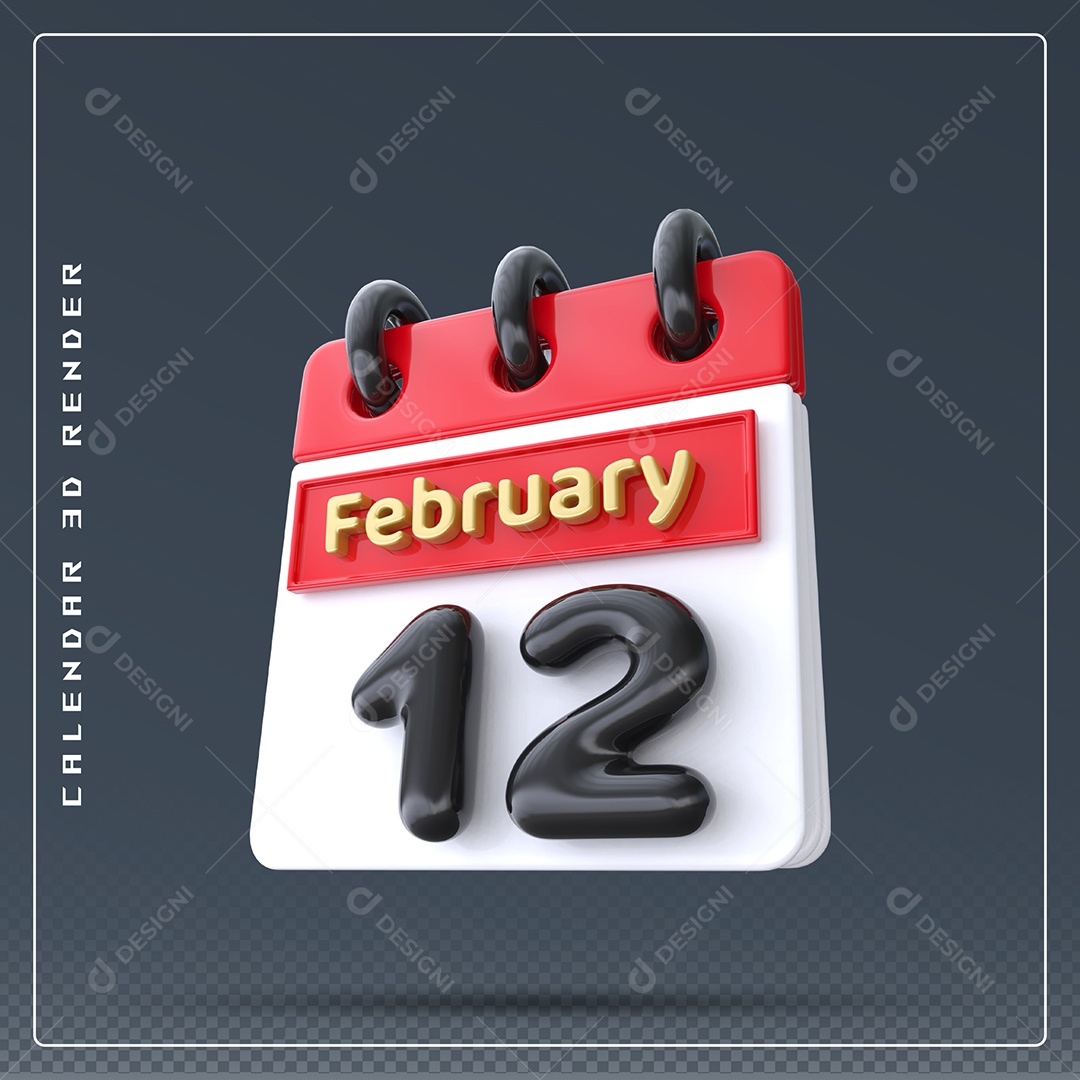 Calendário Do mês De Fevereiro Dia 12 Elemento 3D Azul Vermelho Branco E Preto Para Composição PSD