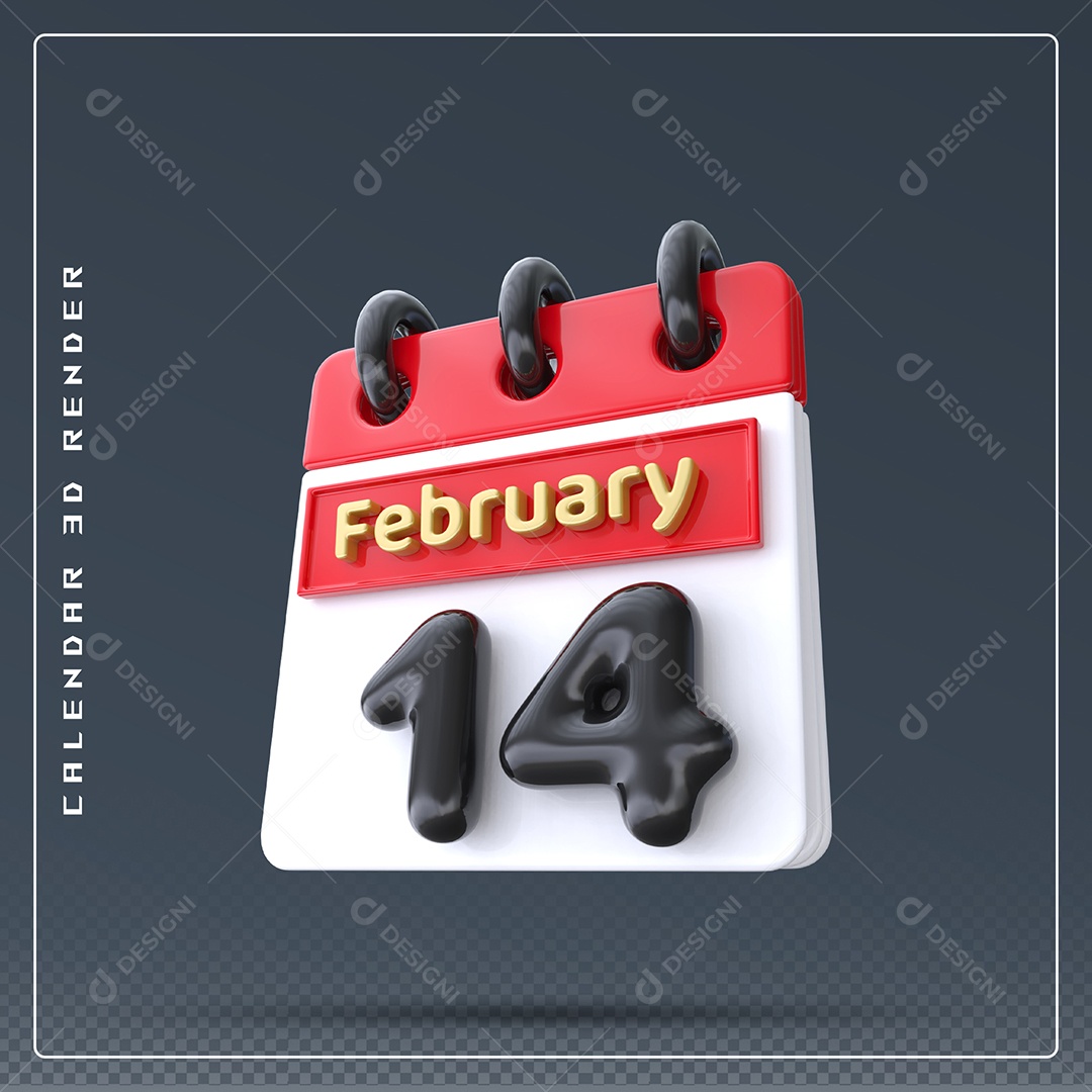 Calendário Do mês De Fevereiro Dia 14 Elemento 3D Azul Vermelho Branco E Preto Para Composição PSD