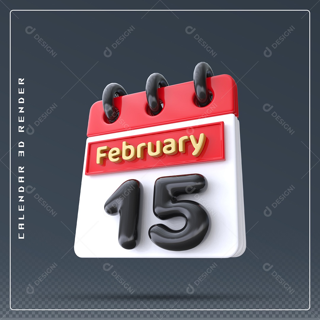 Calendário Do mês De Fevereiro Dia 15 Elemento 3D Azul Vermelho Branco E Preto Para Composição PSD