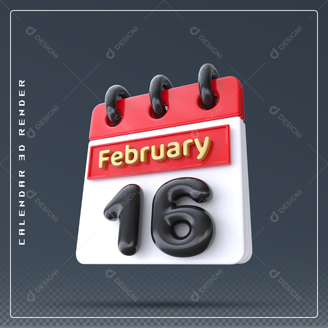 Calendário Do mês De Fevereiro Dia 16 Elemento 3D Azul Vermelho Branco E Preto Para Composição PSD