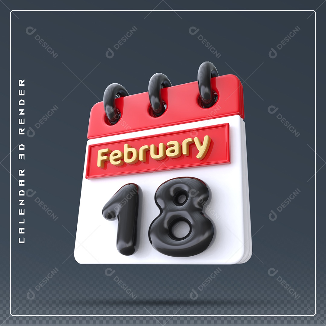 Calendário Do mês De Fevereiro Dia 18 Elemento 3D Azul Vermelho Branco E Preto Para Composição PSD