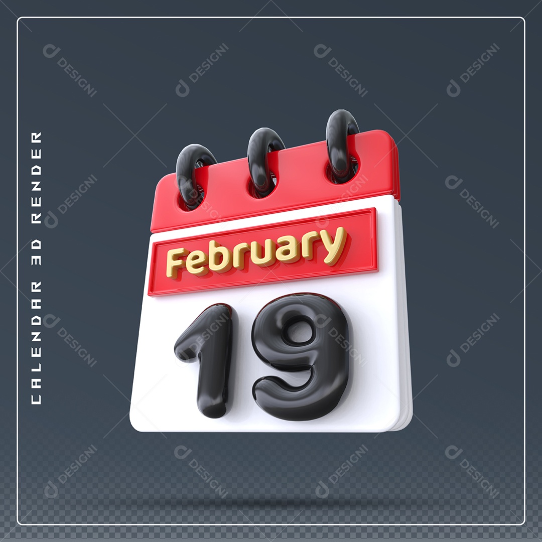 Calendário Do mês De Fevereiro Dia 19 Elemento 3D Azul Vermelho Branco E Preto Para Composição PSD