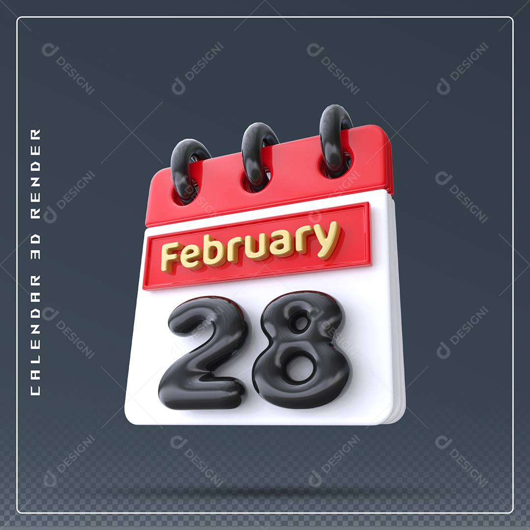 Calendário Do mês De Fevereiro Dia 28 Elemento 3D Azul Vermelho Branco E Preto Para Composição PSD