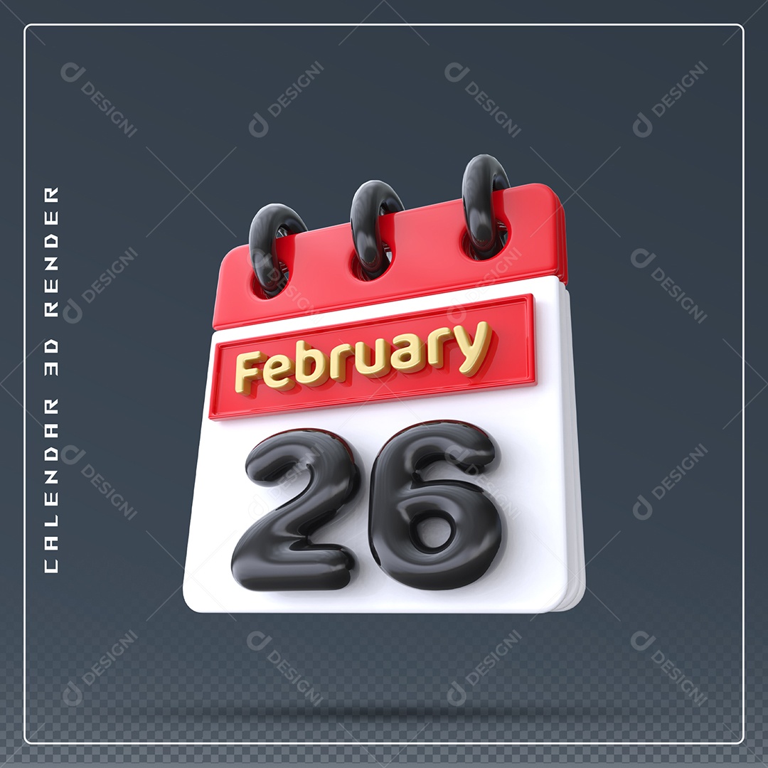 Calendário Do mês De Fevereiro Dia 26 Elemento 3D Azul Vermelho Branco E Preto Para Composição PSD