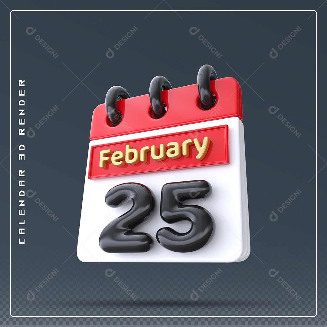 Calendário Do mês De Fevereiro Dia 25 Elemento 3D Azul Vermelho Branco E Preto Para Composição PSD