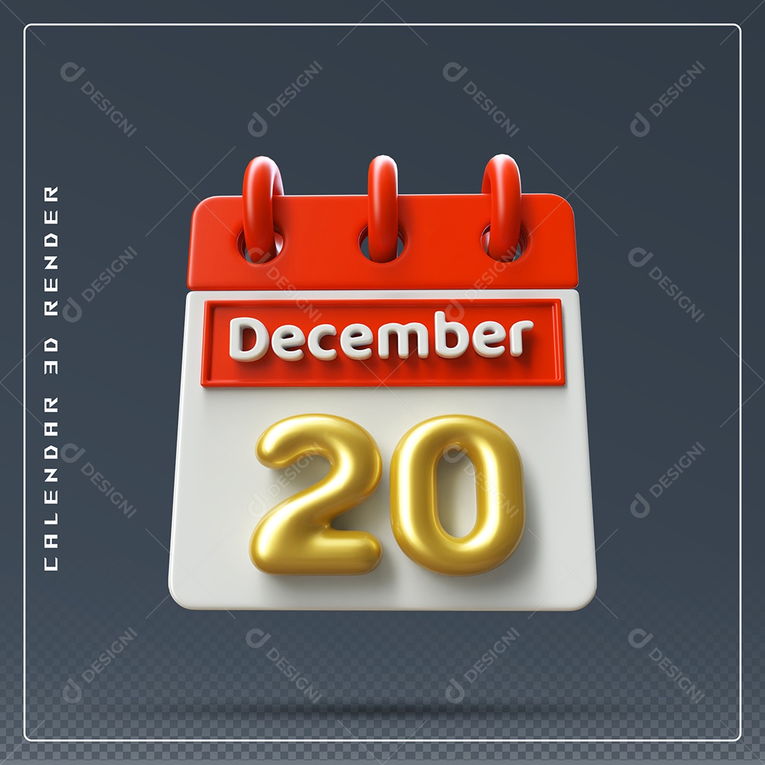Calendário Do mês De Dezembro Dia 20 Elemento 3D Vermelho Dourado E Branco Para Composição PSD