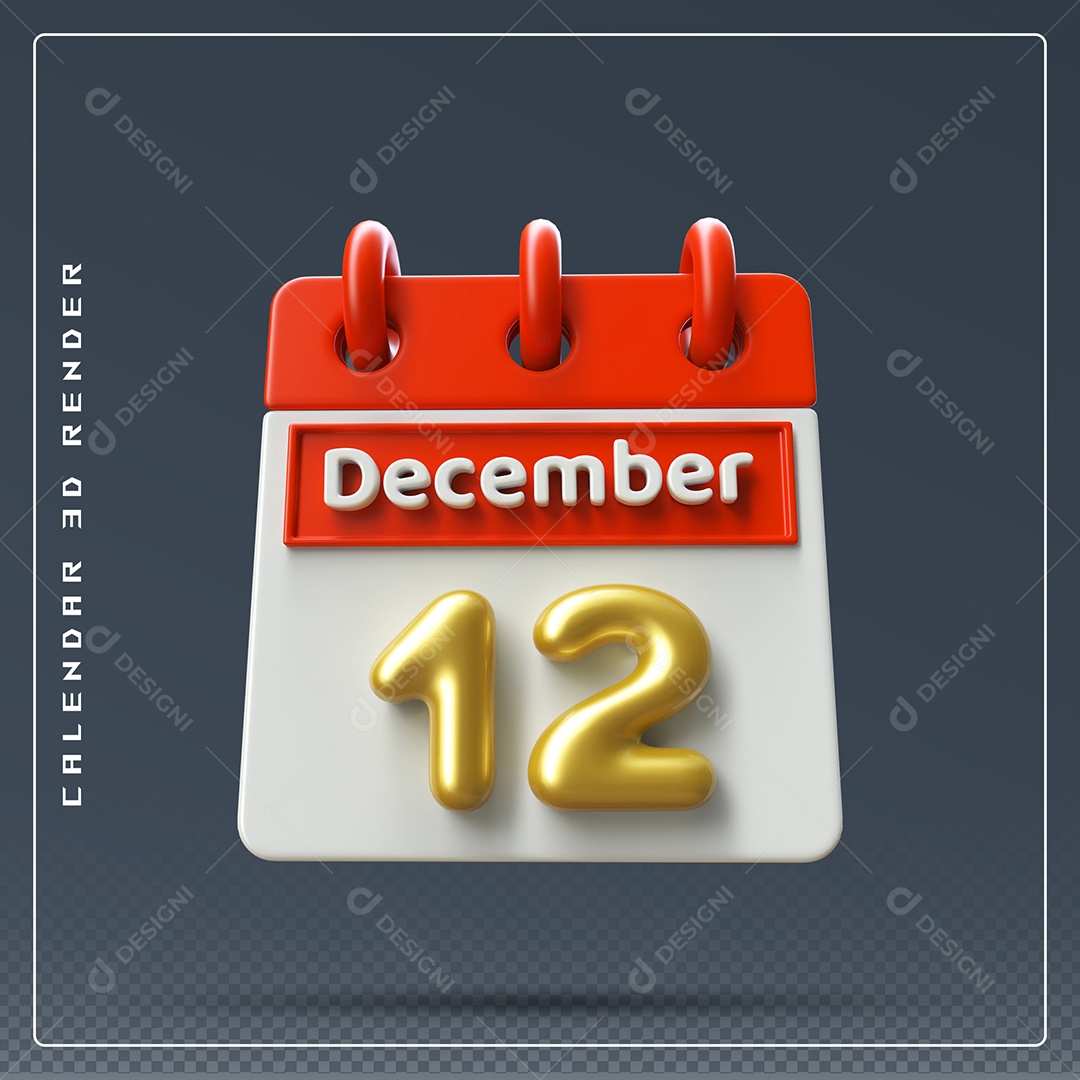 Calendário Do mês De Dezembro Dia 12 Elemento 3D Vermelho Dourado E Branco Para Composição PSD