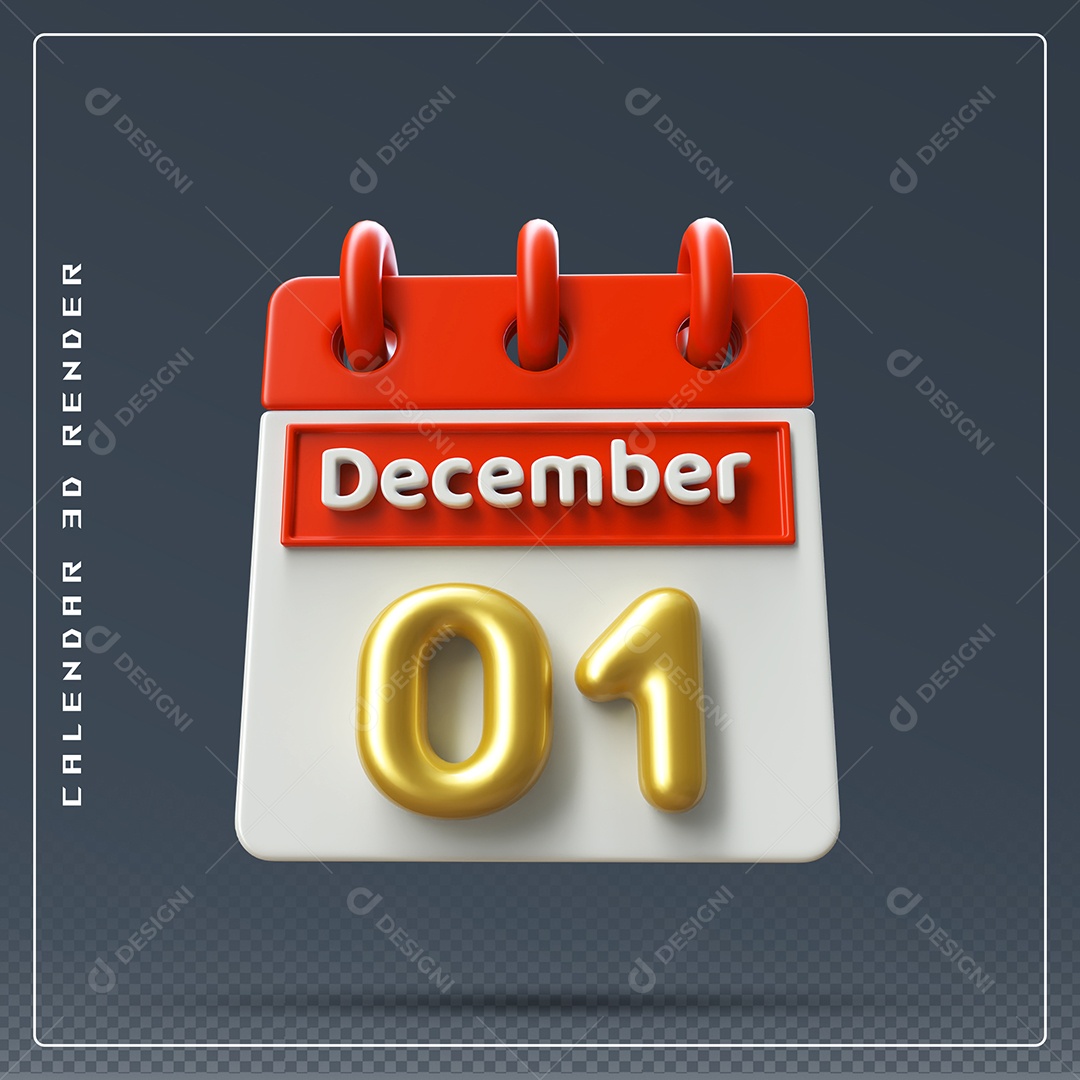 Calendário Do mês De Dezembro Dia 01 Elemento 3D Vermelho Dourado E Branco Para Composição PSD