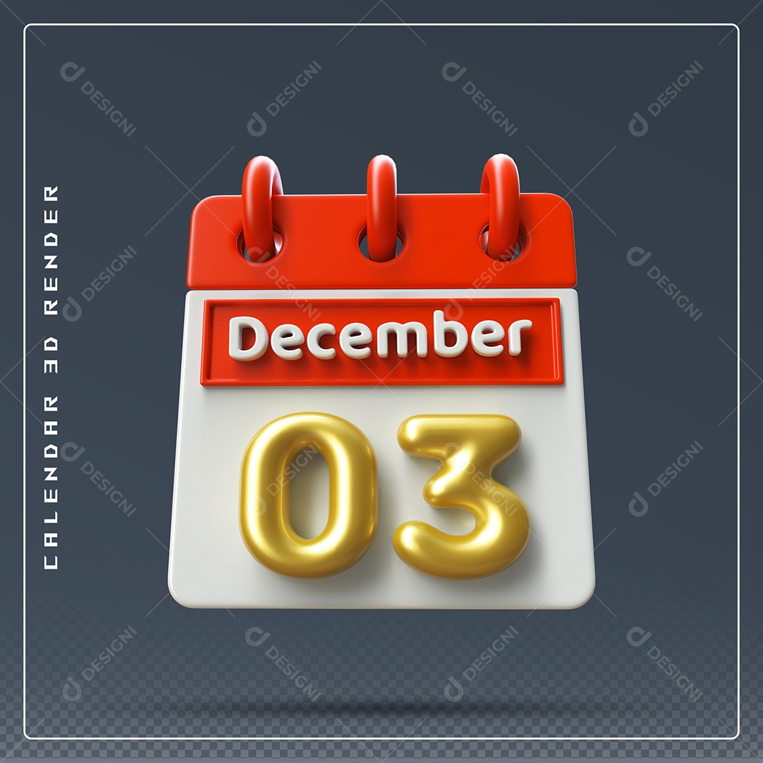 Calendário Do mês De Dezembro Dia 03 Elemento 3D Vermelho Dourado E Branco Para Composição PSD