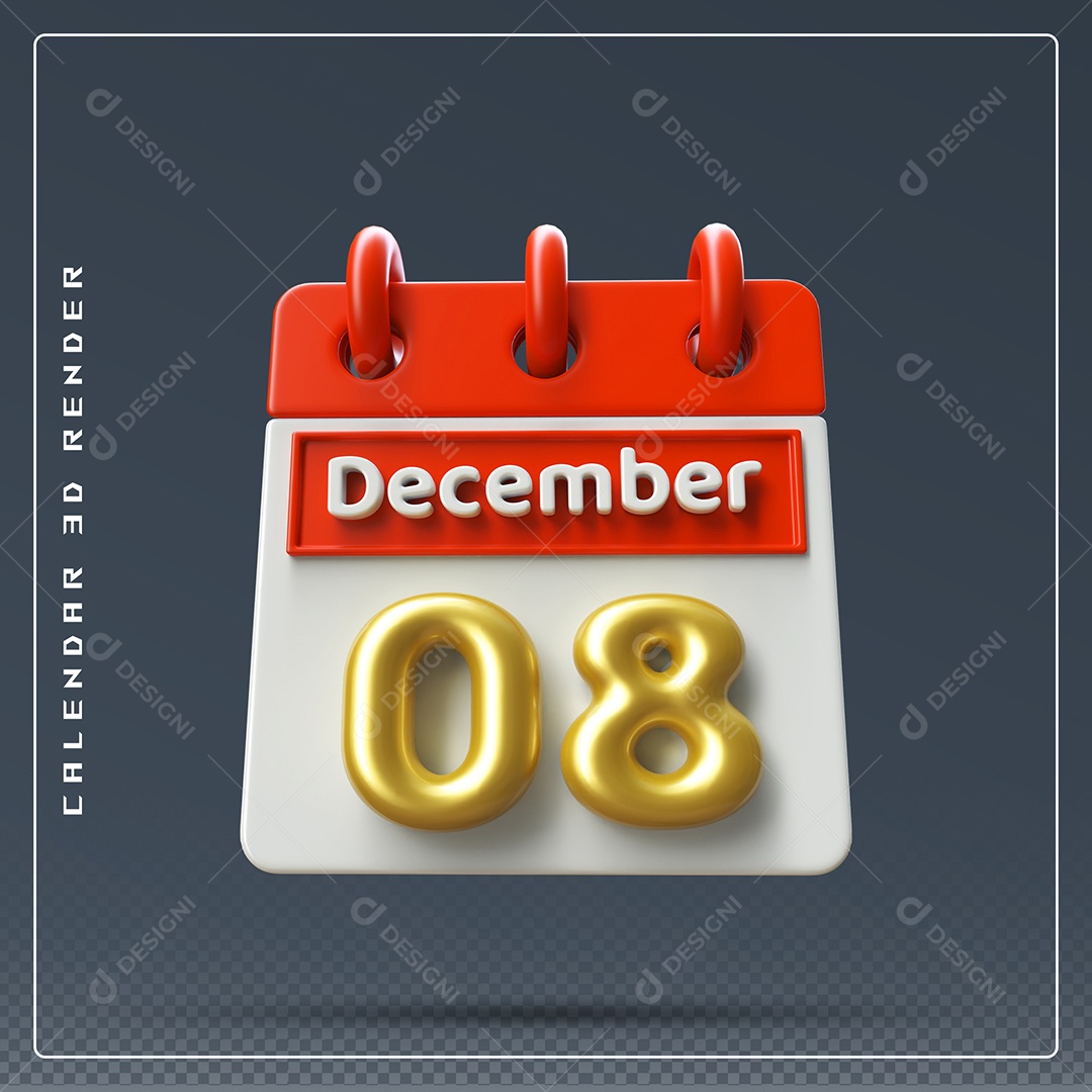 Calendário Do mês De Dezembro Dia 08 Elemento 3D Vermelho Dourado E Branco Para Composição PSD
