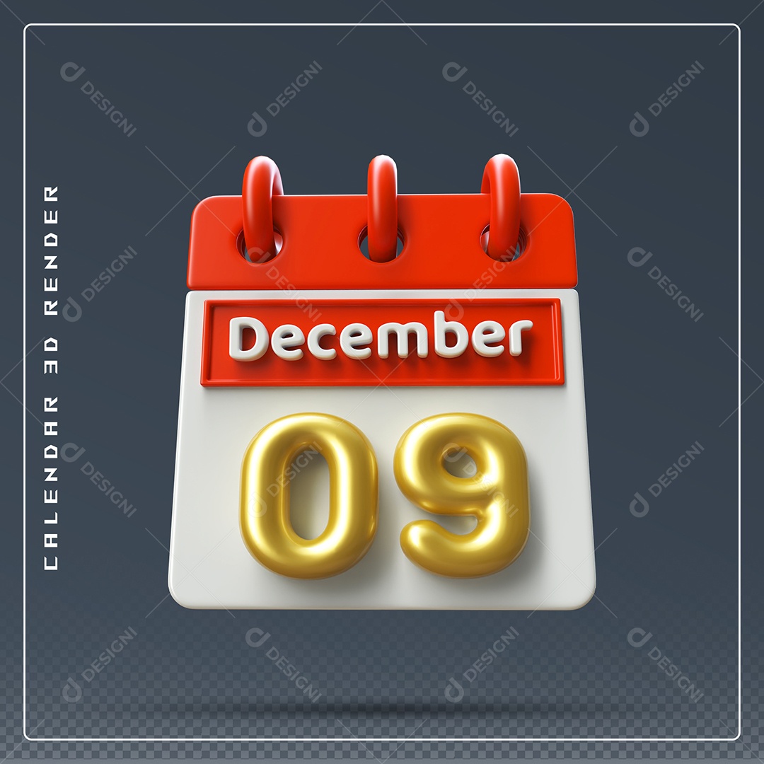 Calendário Do mês De Dezembro Dia 09 Elemento 3D Vermelho Dourado E Branco Para Composição PSD
