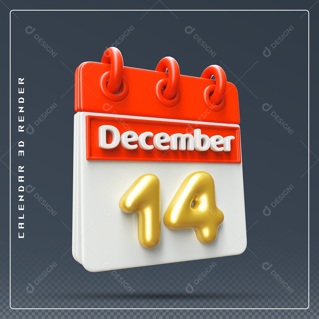 Calendário Do mês De Dezembro Dia 14 Elemento 3D Vermelho Dourado E Branco Para Composição PSD
