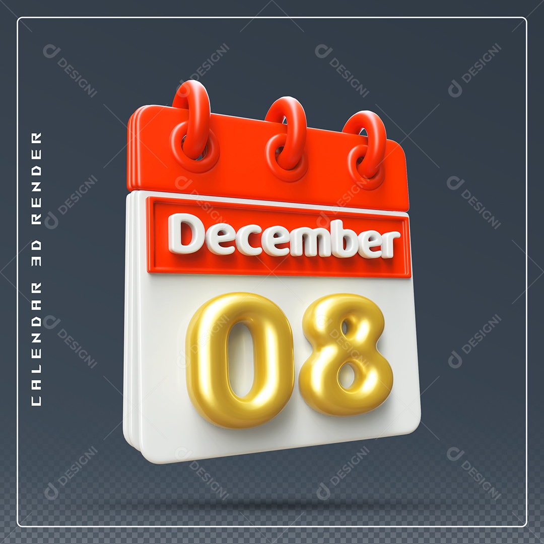 Calendário Do mês De Dezembro Dia 08 Elemento 3D Vermelho Dourado E Branco Para Composição PSD