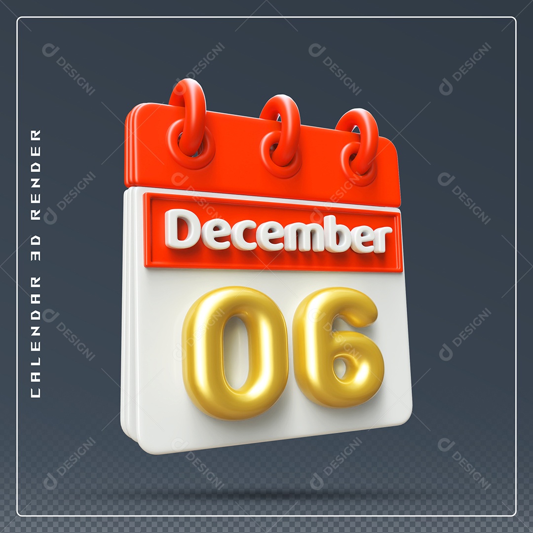 Calendário Do mês De Dezembro Dia 06 Elemento 3D Vermelho Dourado E Branco Para Composição PSD