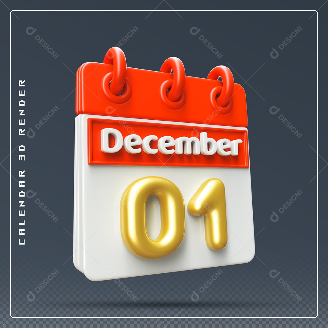 Calendário Do mês De Dezembro Dia 01 Elemento 3D Vermelho Dourado E Branco Para Composição PSD