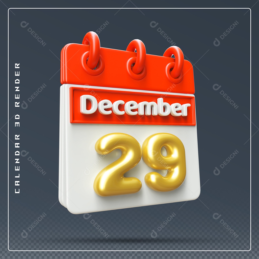 Calendário Do mês De Dezembro Dia 29 Elemento 3D Vermelho Dourado E Branco Para Composição PSD