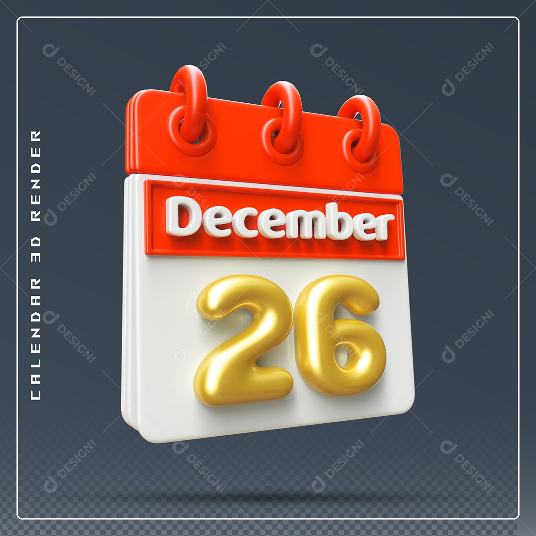 Calendário Do mês De Dezembro Dia 26 Elemento 3D Vermelho Dourado E Branco Para Composição PSD